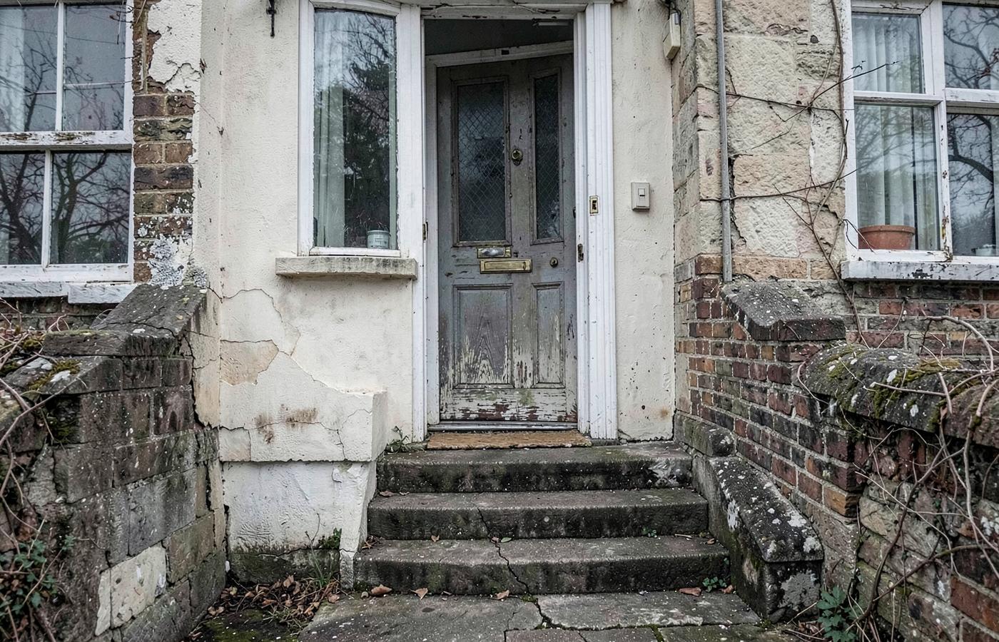 Worn stepped house entrance before the work